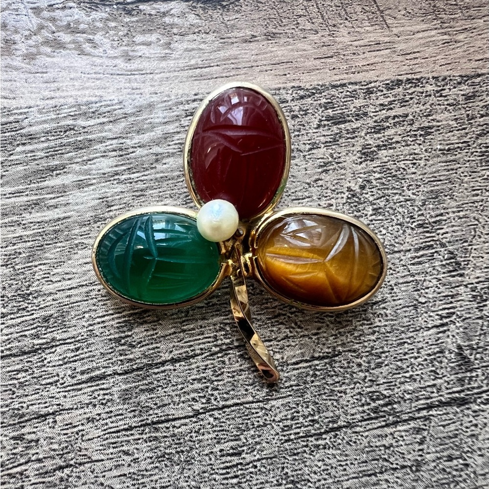 Vintage Signed BURT CASSELL 1/20 12k GF Scarab 3 Semiprecious Stones Pin Brooch
